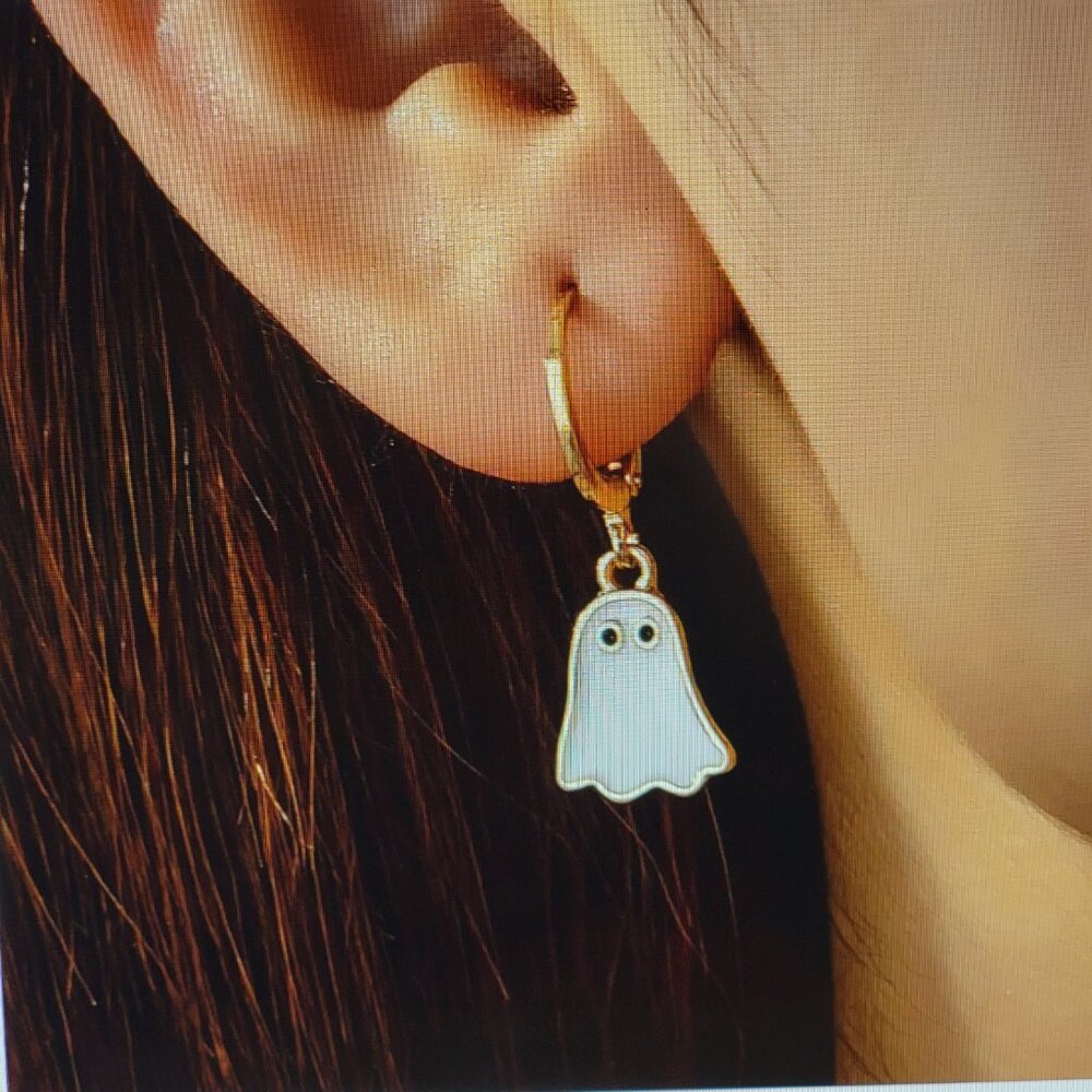 Boho Halloween Ghost Earrings Dangling Huggie White Gold Tone 1.18 In - Picture 2 of 11
